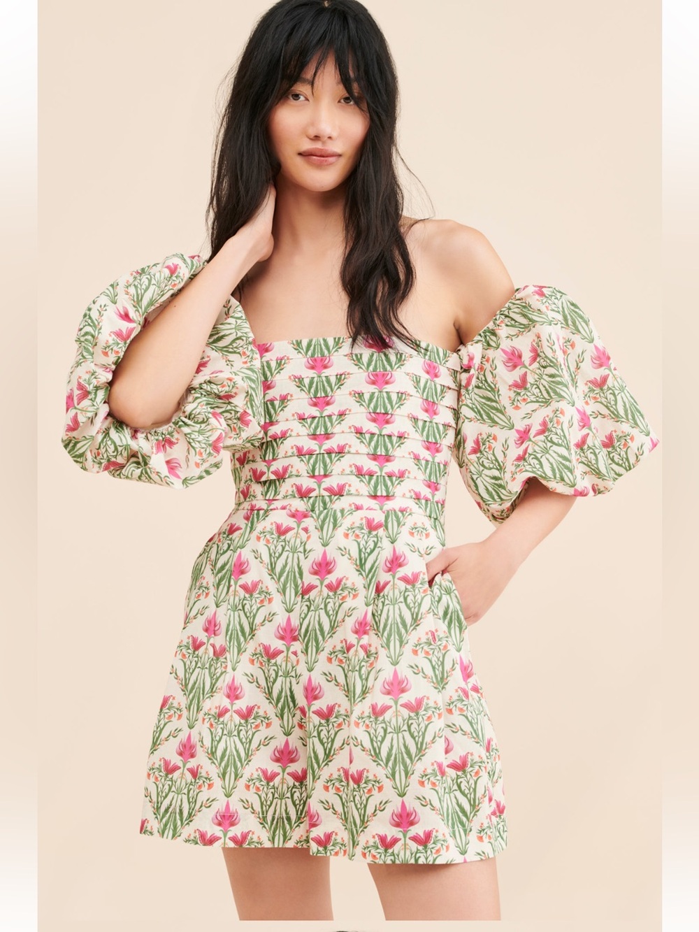 Especia Floral Puff-Sleeve Mini Dress Pink Green Off-The-Shoulder Printed Romper